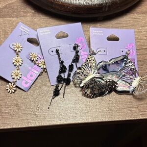 Claire's Earring Trio- Dangly Sunflowers, Black Roses and Sparkly Butterflies